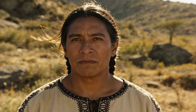 Standing native american man facing camera at golden hour in arid desert landscape