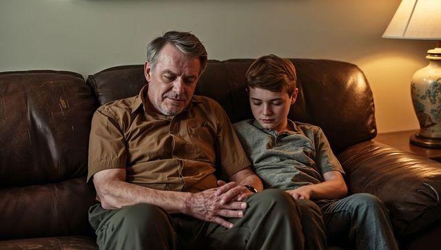 Grandfather and grandson sitting close on leather couch sharing quiet evening together