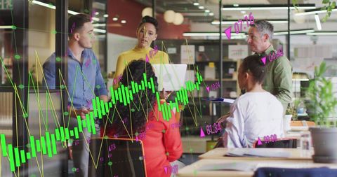 Diverse team collaborating on business analytics and growth strategy