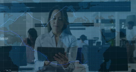 Businesswoman Analyzing Financial Data on Tablet with World Map Overlay