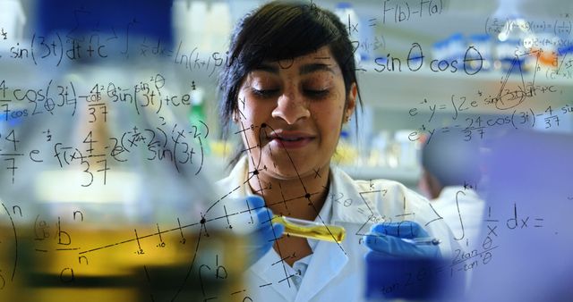 Female Scientist Analyzing Data, Mathematical Formulas Overlay - Download Free Stock Images Pikwizard.com