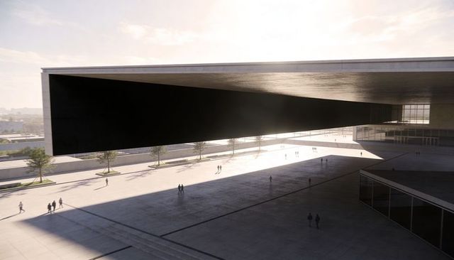 Massive Cantilevered Overhang Casting Triangular Shadow Across Minimalist Urban Plaza