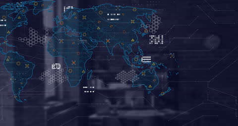 Global Financial Data Overlay with World Map in Modern Office