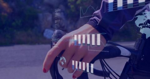 Cyclist hand with red nails gripping road bike handlebar with futuristic hud data overlays
