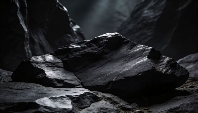 Dramatic dark cavern boulder with wet sheen and veined surfaces, rock texture backdrop