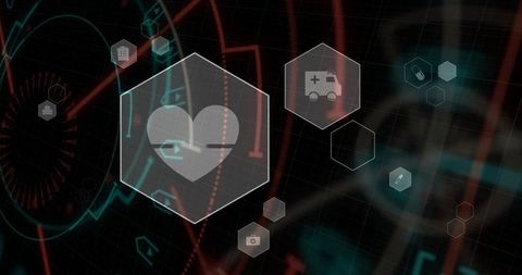Futuristic healthcare dashboard showing heart hexagon, ecg traces and med tech icons
