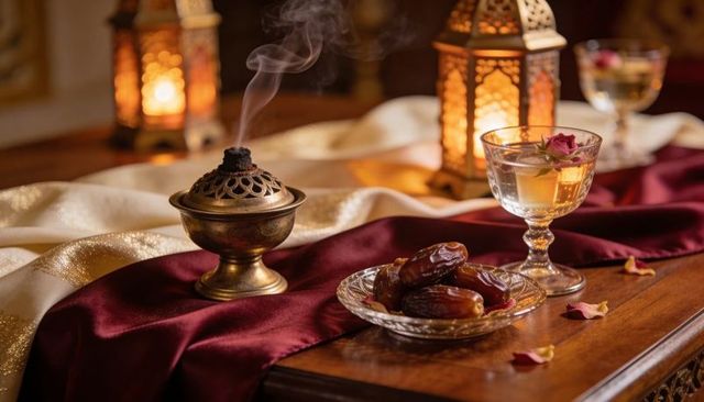 Brass incense burner releasing spiral smoke with dates, rosewater glass and lanterns