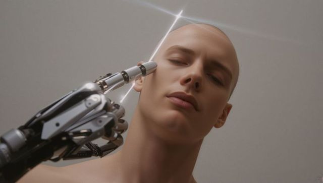 Bald man receiving robotic temple touch with light flare prosthetic minimal futurism
