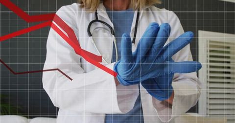 Female Clinician Putting On Blue Gloves with Stethoscope and Data Overlay