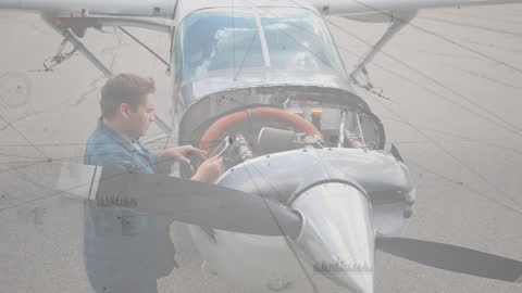 Pilot Inspecting Airplane with Digital Connectivity Overlay