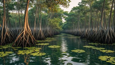 Serene mangrove waterway along bay of bengal with lush greenery