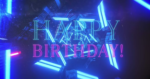 Image of happy birthday text over blue neon lights. Birthday party and celebration concept digitally generated image.