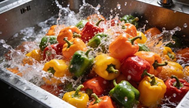 Rinsing colorful bell peppers under running water in stainless sink, fresh produce splash