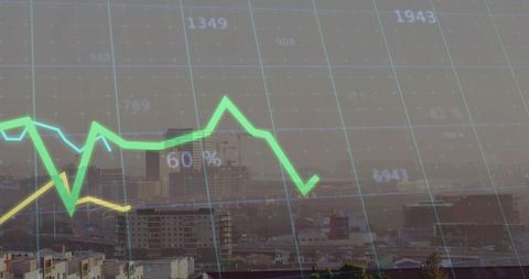 Urban Skyline with Financial Graph Overlay