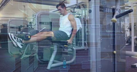 Man Exercising on Leg-Extension Machine with Digital Analytics Overlay