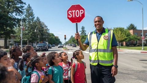 Crossing guard holding stop sign guiding diverse schoolchildren at suburban crosswalk