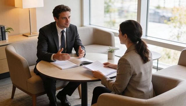 Executives reviewing documents at office lounge roundtable during strategic meeting