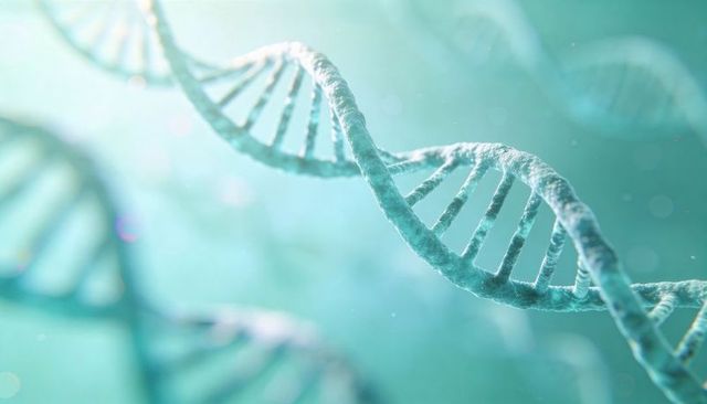 Floating dna double helix in teal microscopic medium with bokeh light orbs