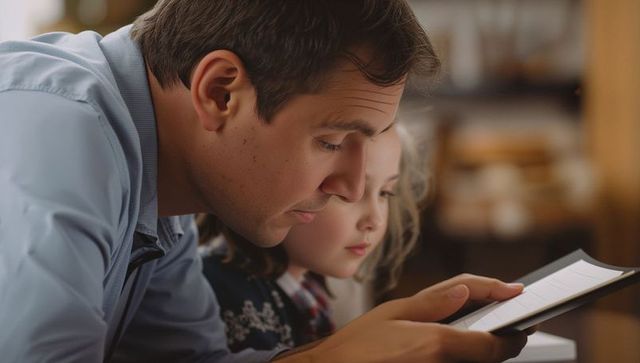 Father leaning over daughter reading tablet at home, close-up family bonding moment