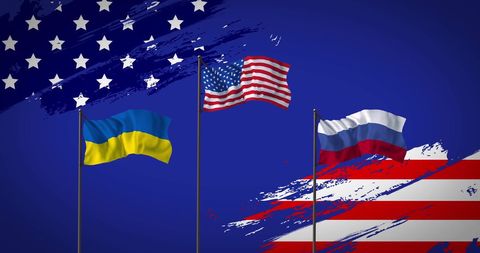 Flags of Ukraine, USA, and Russia on Blue Abstract Background - Download Free Stock Images Pikwizard.com
