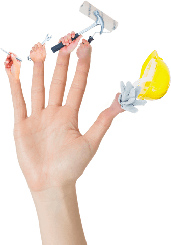 Creative transparent hand with diverse tools depicting teamwork