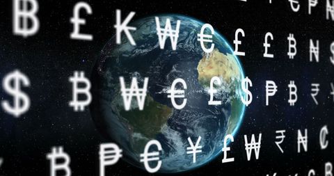 Global economy representation with currency symbols over earth