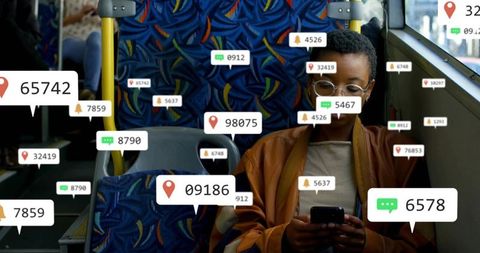 Black woman commuting, scrolling smartphone on bus with AR notification overlays and location pins