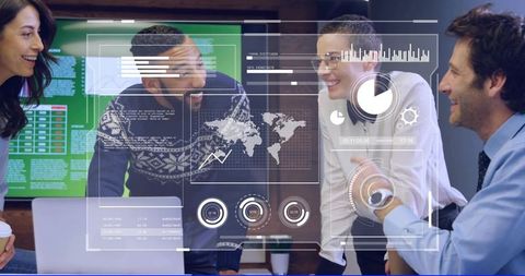 Diverse team collaborating around interactive analytics dashboard with holographic visuals