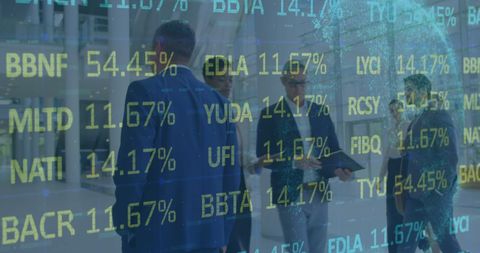 Businessmen Discussing Stock Market Trends with Digital Display