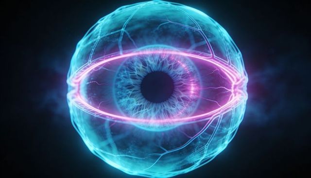 Rotating cybernetic eye orb hovering in dark void with luminous iris and magenta rings
