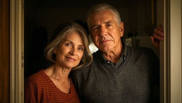 Senior couple standing in doorway sharing gentle warm moment of companionship