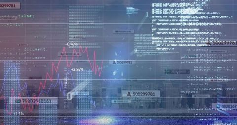 Digital Financial Dashboard Overlaid on City Skyline with Code, Metrics and Trend Lines