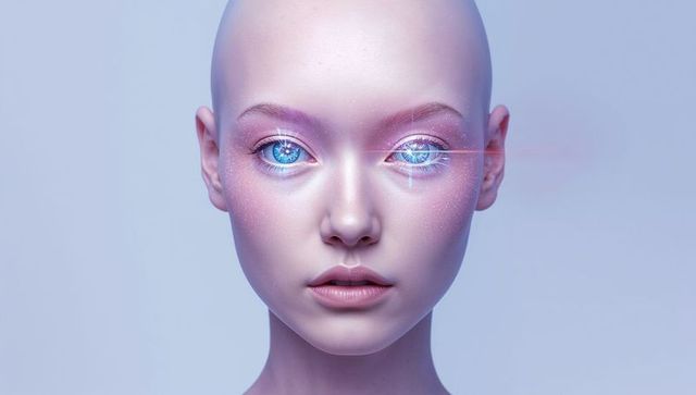 Androgynous cyborg gazing with glowing cyber irises and iridescent porcelain skin