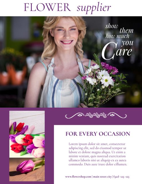 Smiling Woman Holding Bouquet for Floral Business Promotion - Download Free Stock Templates Pikwizard.com