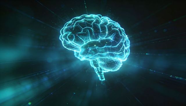 Glowing Cyan Wireframe Brain Hologram Floating and Rotating in Neon Cyberspace