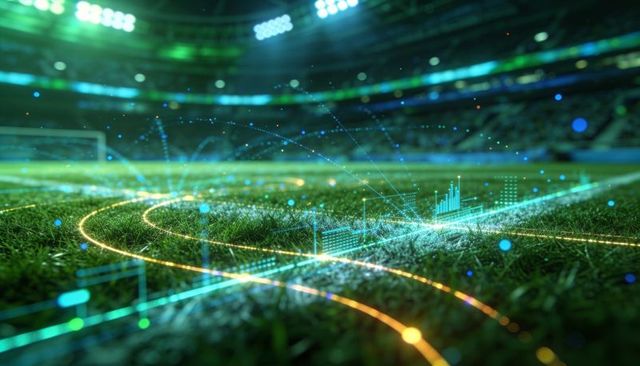 Augmented reality soccer pitch showing neon data overlays and tactical analytics in stadium