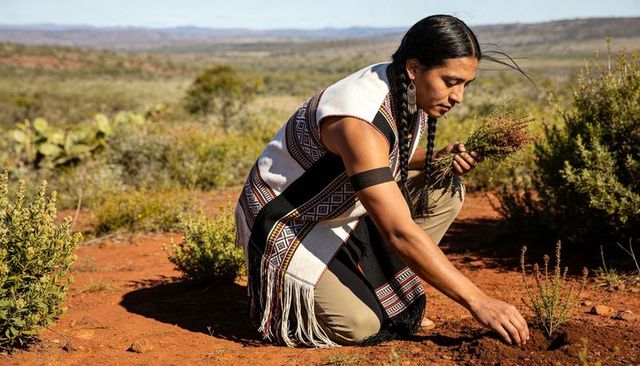 Kneeling indigenous woman harvesting wild plants in red soil scrubland wearing woven vest