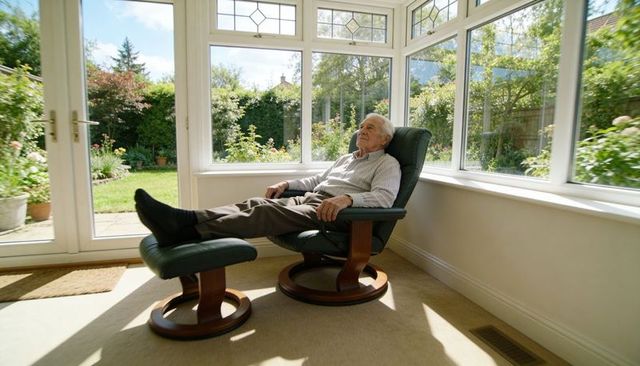 Senior man soaking up sun in bright conservatory recliner with garden view