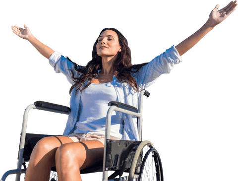Caucasian Woman Raising Hands Joyfully in Wheelchair on Transparent Background