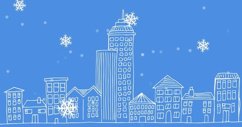 Winter Cityscape with Falling Snowflakes on Blue Background
