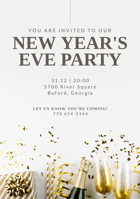 This elegant and festive New Year's Eve party invitation features gold confetti, champagne, and gift boxes, perfect for promoting holiday celebrations, upscale party events, and New Year countdown gatherings. Ideal for creating digital or printed invitations for glamorous parties and joyful social events.