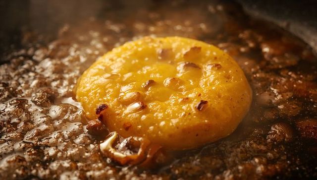 Searing corn cake in skillet with bubbling oil and caramelized crust