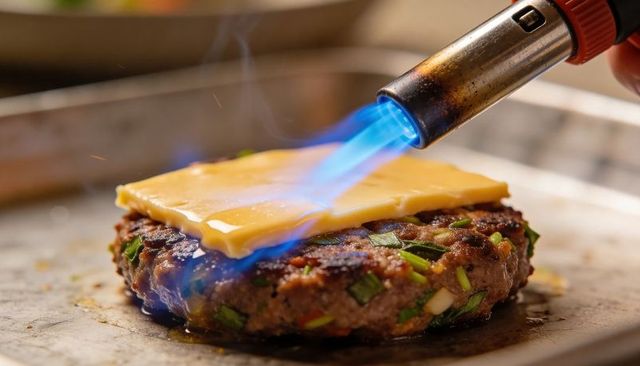 Culinary torch melting cheddar on seasoned beef burger patty with blue flame close-up