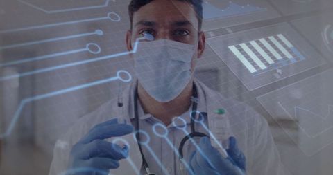 Innovative Doctor Analyzing Vial with Futuristic Data Interface