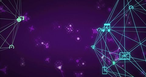 Cyan Network Mesh Connecting Device Nodes Over Neon Purple Nebula for Cybersecurity