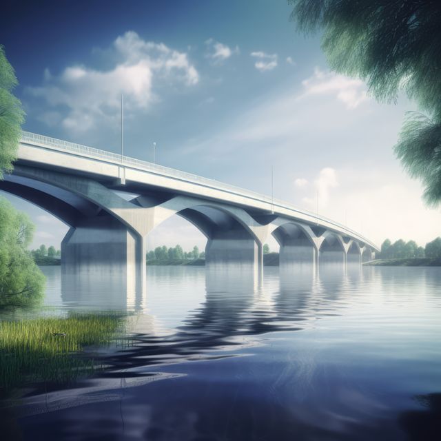 White modern bridge reflecting in river on sunny day, created using generative ai technology - Download Free Stock Photos Pikwizard.com