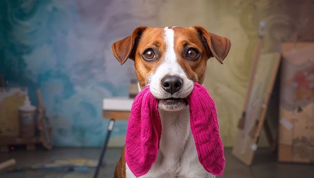 Playful dog with pink sock in artistic studio environment
