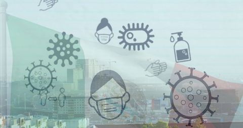 Health awareness symbols over urban cityscape