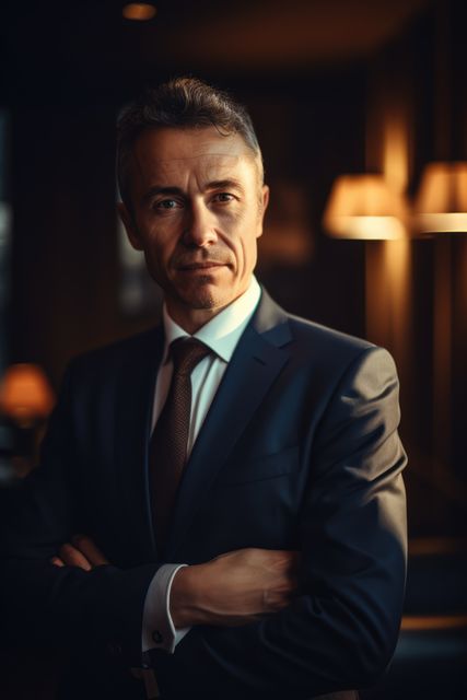 Portrait of caucasian businessman in suit in office, created using generative ai technology. Portrait, office workplace and business concept digitally generated image.