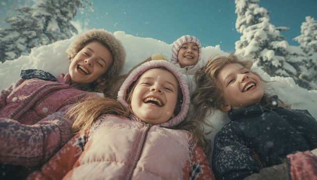 Joyful Girls Laughing on Snowbank in Winter Forest